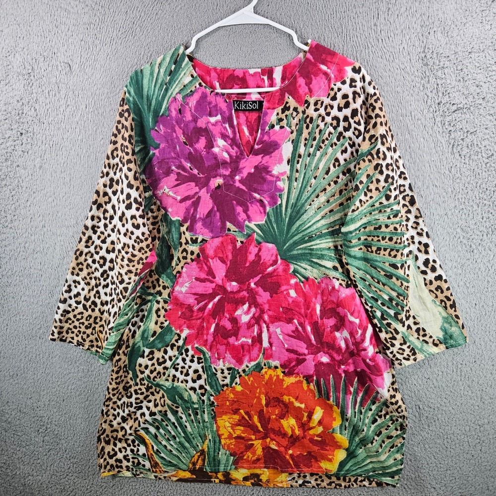 KikiSol Women XL Tunic Top Floral Leopard Print Tropical V-Neck 3/4 Sleeve Pink